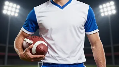 A photorealistic image of an anonymous OL player in his 20s, wearing a white jersey with blue sleeves and a blue short...