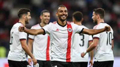 A photorealistic image of an anonymous Toulouse Football Club player in his mid-20s, wearing a white jersey with a red...