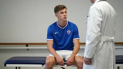A 20-year-old anonymous Toulouse Football Club left-back, wearing a blue jersey and white shorts, sits on a medical...