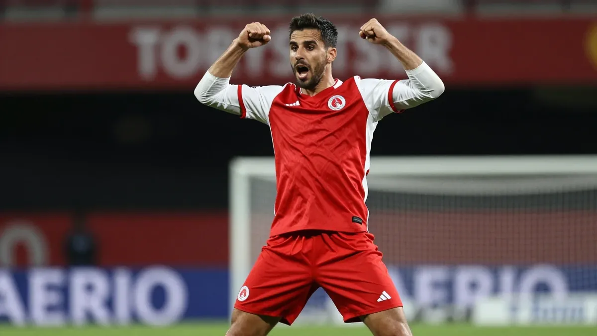 A photorealistic image of an anonymous Toulouse Football Club player in a red jersey with white sleeves, doing a victory...