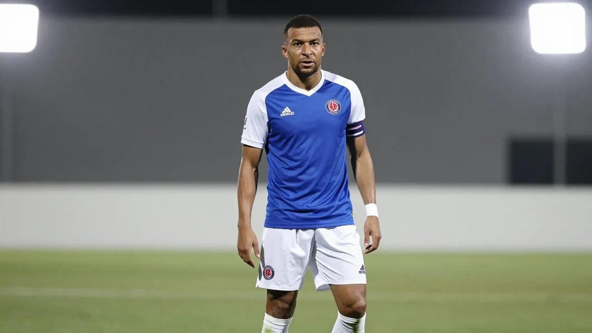 A photorealistic image of an anonymous Toulouse Football Club player, wearing a blue jersey with white sleeves and a...