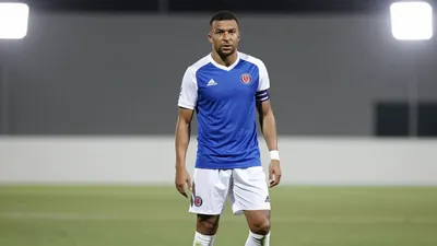 A photorealistic image of an anonymous Toulouse Football Club player, wearing a blue jersey with white sleeves and a...